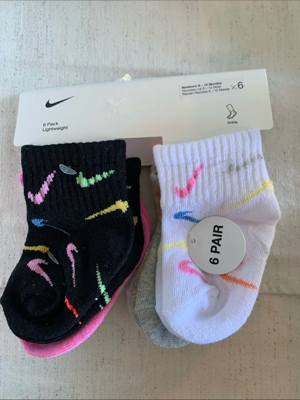 Nike Kids 6-Pack Ankle Socks - Black, White & Multicolor Swooshes
